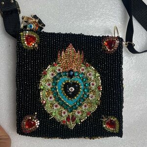 Elegant Black Beaded Heart Shoulder Bag